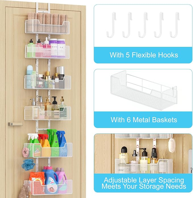Hongtamoya Over The Door Organizer, Metal Hanging Door Organizer with 6 Adjustable Baskets and 5 Hooks, Behind The Door Storage for Closet Cabinet Kitchen Bathroom Bedroom Pantry Door Organizer, White - Image 7