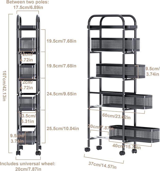 UMDONX 5-Tier Narrow Mobile Storage Cart with Pull-Out Baskets | The Multifunctional Pull-out Storage Rack Is Suitable for Bathrooms, Kitchens, and Laundry Rooms - Image 2
