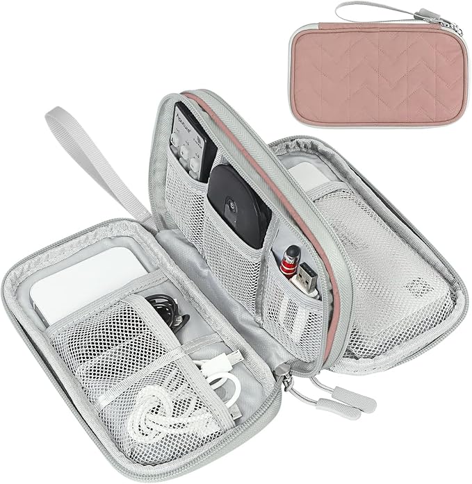 FYY Electronic Organizer, Travel Tech Pouch, Cable Organizer Pink Quilted | Wrist Strap, Waterproof, Double Layers Portable Electronics Travel Carrying Case for Cord, Charger, Daily Business Trips Use by FYY