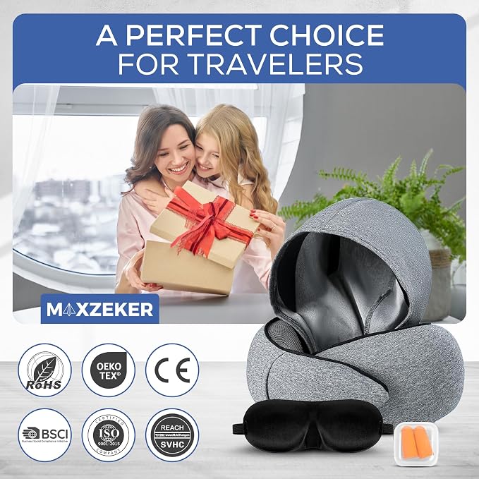 Travel Neck Pillows for Airplanes – Sleep Comfortably on Long Flights, Roadtrips, Home or Office. All-in-One Travel Sleep Kit with Hood, Eyemask and Earplugs - Image 7