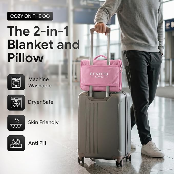 2-in-1 Travel Blanket and Pillow – Lightweight, Compact, Ultra Soft, Machine Washable – Handle, Luggage Sleeve, Backpack Clip – for Trave Airplane, Car, Office (light pink) - Image 2