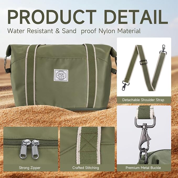 WALNEW Travel Duffel Bag, Weekender Bag for Women Men, Army Green | Overnight Carry On Bag, Foldable Waterproof Gym Luggage with Metal Buckle Detachable Shoulder Strap and Wet Compartment - Image 6
