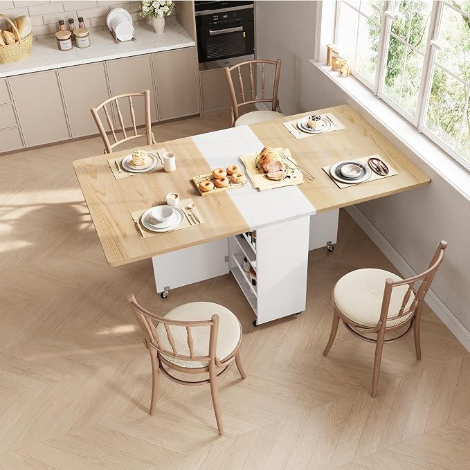 Jocoevol Folding Dining Table for Small Spaces, Foldable Kitchen Table with Drawer, 2-Tier Storage Shelf & Wheels, Space Saving Dining Table for 2 4, Farmhouse, Natural - Image 6