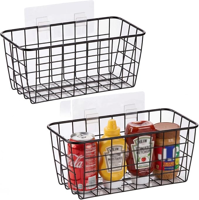 2 Set Adhesive Hanging Wall Basket Inside Cabinet Door Organizer,Wall Storage Basket-No Drilling Adhesive wall Basket for Cupboard Door,Space-Saving Small Hanging Baskets for Wall Mount Storage,Black by HomeSpaceStorageBasket
