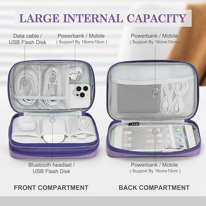 FYY Electronic Organizer, Travel Tech Pouch Bag, Large, Dark Purple | Wrist Strap, Waterproof, Double Layers Portable Electronics Travel Carrying Case for Cord, Charger, Daily Business Trips Use - Image 3