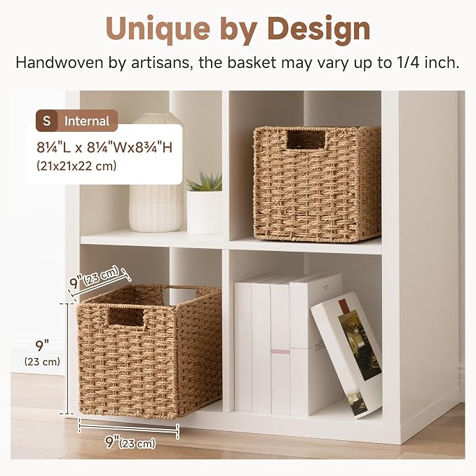 StorageWorks 9 inch Wicker Baskets for Storage, Square Baskets, Natural | 2-Pack, Paper Rope Wicker Storage Cubes,Handwoven Square Cube Organizer Bins,Foldable,Baskets for Organizing,9x9 storage cube - Image 3