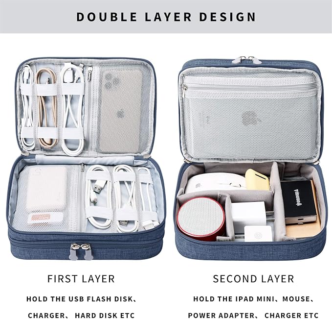 mygreen Electronic Accessories Organizer Bag, Waterproof Double Layer Travel Storage Case with Adjustable Padded Dividers, Portable Hard Pouch for Cables, Charger, Power Bank, Phone, Hard Drive Blue - Image 4
