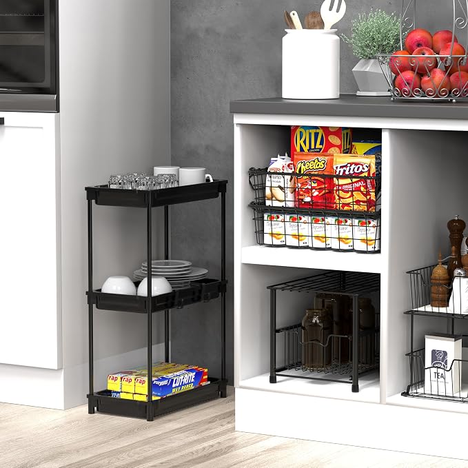 SimpleHouseware Standard 3-Tier Slim Rolling Storage Cart, Black - Image 9