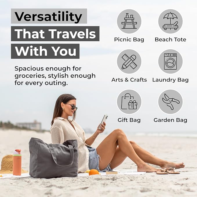 VeraMia Canvas Grocery Bag 3pc XL Set with Real Pockets, Long Shoulder Strap and Short Handle. Heavy Duty, Foldable, Washable - Image 5