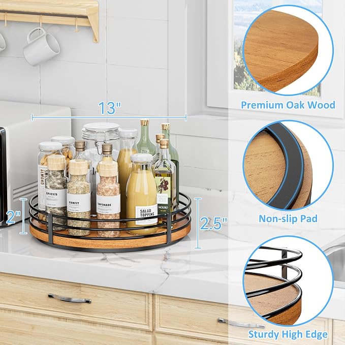 13" Lazy Susan Turntable Organizer - Wood Round Lazy Susan for Cabinet Kitchen Countertop Pantry Cupboard Dining Table Bathroom Coffee Bar Spice Storage Home Decor - Image 6