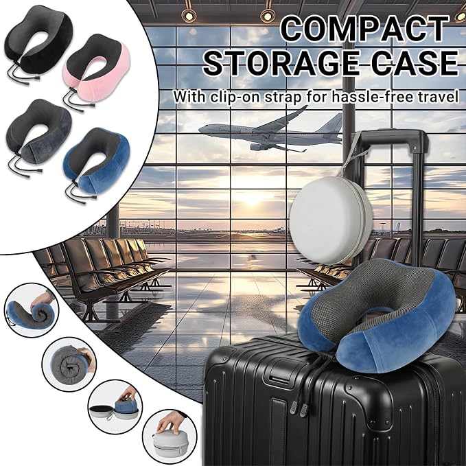 Travel Neck Pillow, 100% Memory Foam, U-Shaped with Storage Box, Blue | 100% memory foam with 360-degree support & adjustable buckle. Compact storage box. Machine washable cover. Fits all necks. - Image 7