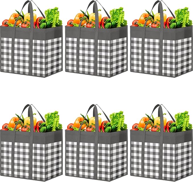 WOWBOX Reusable Grocery Bags,6-Pack, Foldable Reusable Shopping Tote Bags bulk with Reinforced Handles,Large Storage Bags with Water Resistant Coating for Groceries,Multipurpose,Grey-White by WOWBOX