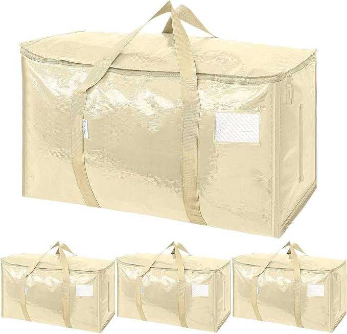 TICONN 4 Pack Extra Large Moving Bags Heavy Duty with Zippers & Carrying Handles, Durable Storage Bags Moving Boxes for Closet Organizers and Storage (4 Pack, Cream) by TICONN