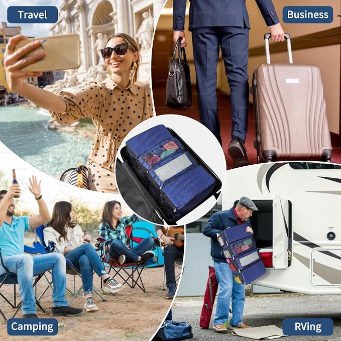 esouler Suitcase Organizer, Hanging Packing Cubes & Portable Hanging Shelves - Collapsible Travel Organizer for Carry-on (Navy Blue, Small) - Image 7