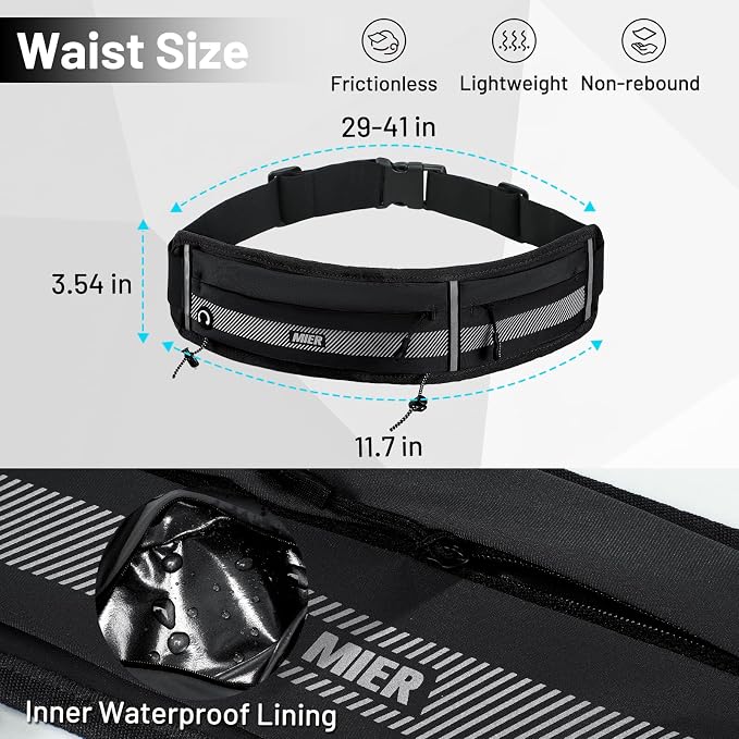 MIER Running Belt for Women & Men, Fanny Pack with Marathon Bib Clip, Black | Slim Adjustable Phone Holder Pouch; Reflective Waist Packs for Running Essentials; Waterproof Zipper Pockets - Image 4