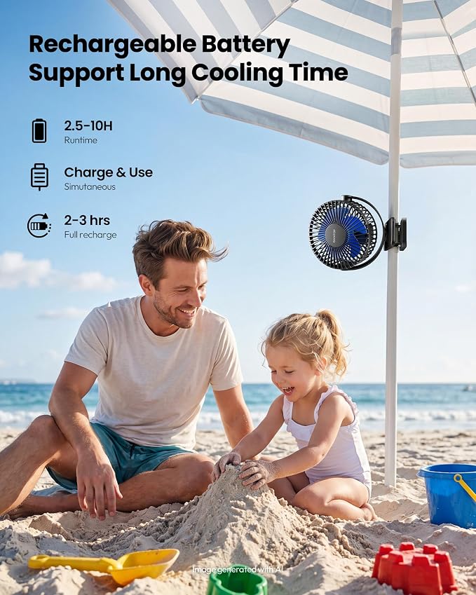 Gaiatop Portable Clip on Fan, Mini Personal Quiet Rechargeable Fan | Battery Operated, Small 3 Speed 360° Rotate, Cooling for Desk Table Home Office Stroller Camping Women Gifts Black Blue - Image 4