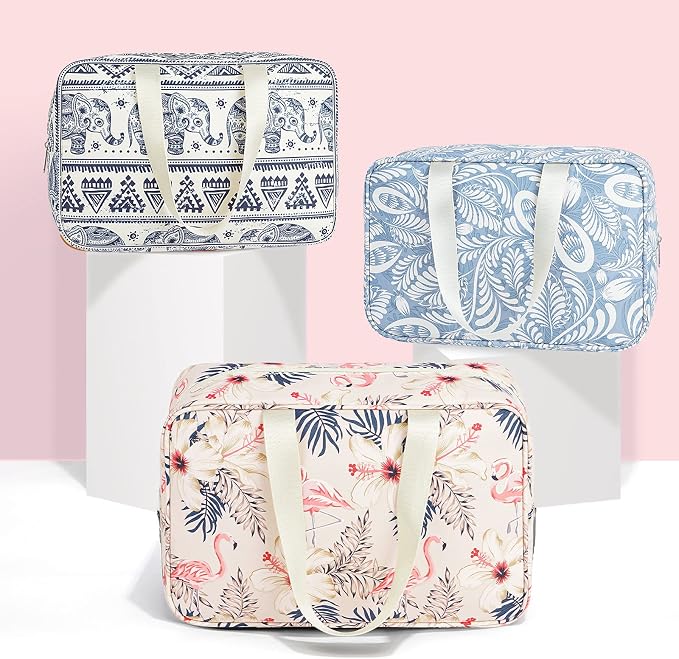 Narwey Full Size Toiletry Bag Women Large Cosmetic Bag Travel Makeup Bag Organizer Medicine Bag for Toiletries Essentials Accessories (Large, Beige Flamingo) - Image 6