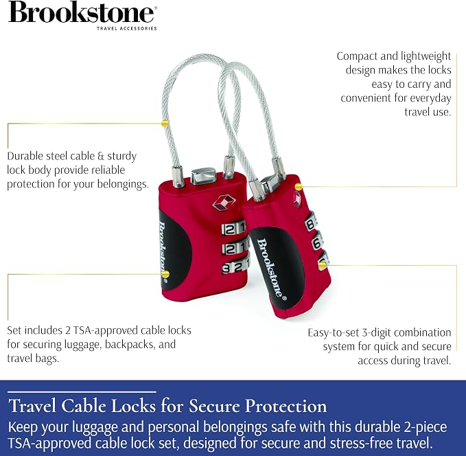 Brookstone Cable Luggage Locks, 2 Pack, TSA Approved, Resettable | 3-Digit Combination Lets You Set Your Own Code, Slim Design Threads Through Zippers or Straps, Great for Bags - Image 2