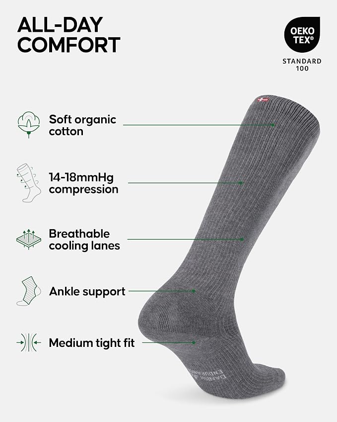 DANISH ENDURANCE Light Compression Socks, 14-18 mmHg, 1 & 3-Pack | Light Compression Socks, Organic Cotton Blend, 14-18 mmHg Graduated Support for Work, Travel & Everyday Comfort, Unisex - Image 2