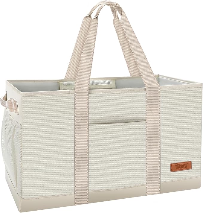 WONDAY X-Large Utility Tote Bag, Standing Reusable Grocery Bag | 22x11x13.5in, 50L capacity, holds 100lbs, collapsible, fabric with leather bottom, for beach travel storage by WONDAY