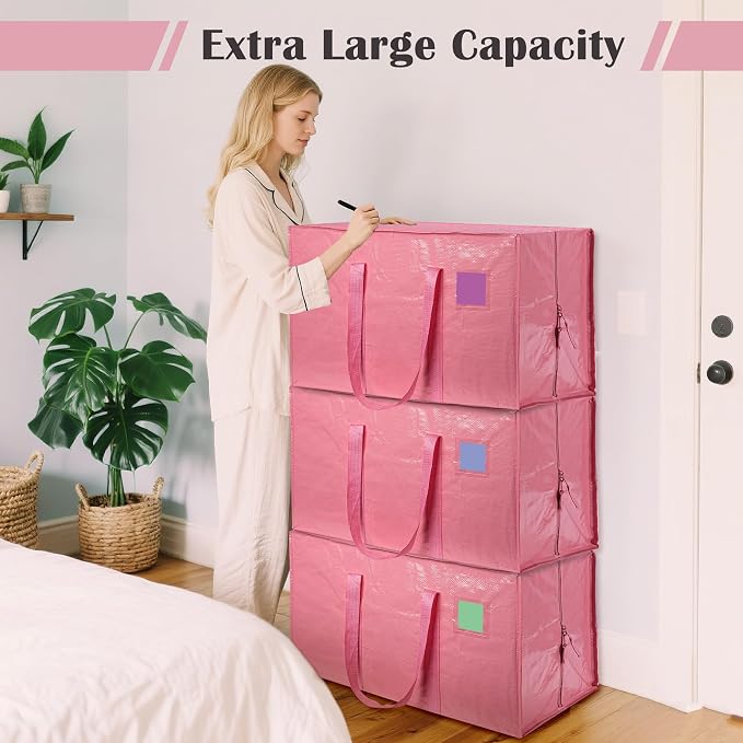 6 Pack Moving Bags with Full-Open Side Zipper, Extra Large 93L Heavy Duty Waterproof Foldable Storage Totes for College Dorm, Moving & Home Organization Pink - Image 4