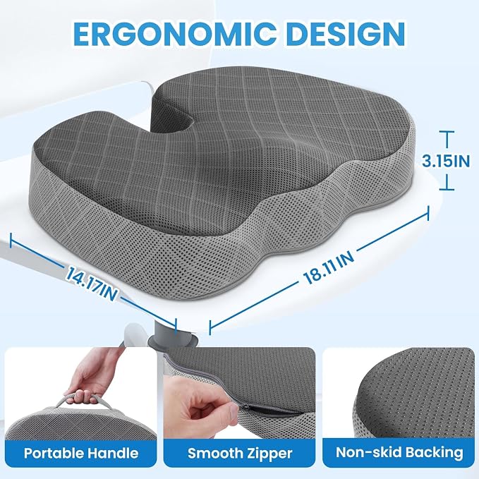 Memory Foam Office Chair Seat Cushion - Dark & Light Grey, Large | for Car Seat, Airplane, Desk Chair - Sciatica & Hip & Coccyx Pain Relief Cushion for Long Sitting Office Workers, Car Drivers - Image 2