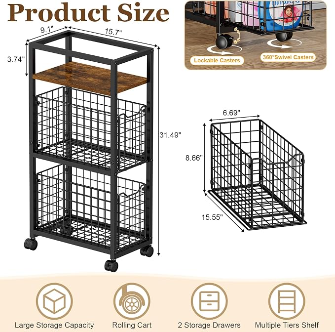 Hongtamoya 3 Tier Laundry Room Cart with Pull-Out Baskets, Utility Slim Storage Cart with Wheels Small Rolling Cart with Wood Top Metal Narrow Bathroom Laundry Room Organization Trolley, Black - Image 7