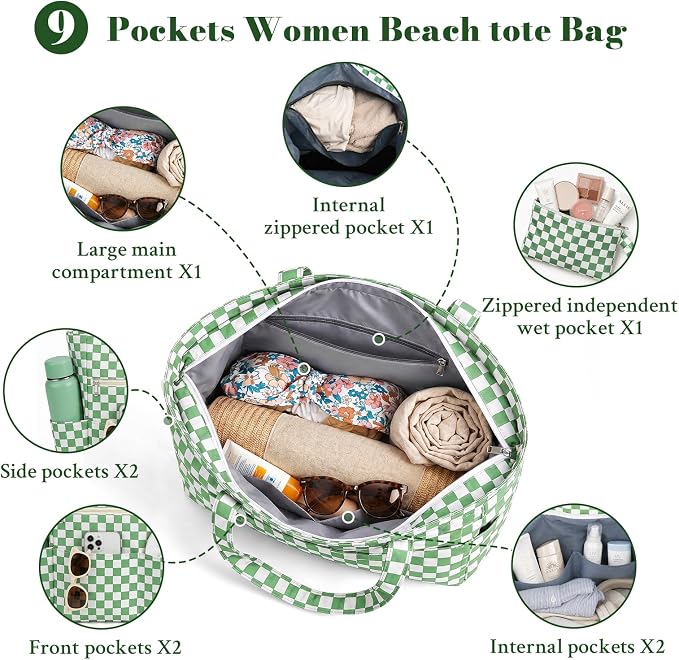 Large Beach Bags for Women, Waterproof Sandproof Beach Tote Bags Swim Pool Bags with Zipper & Wet Pocket Family - Image 5