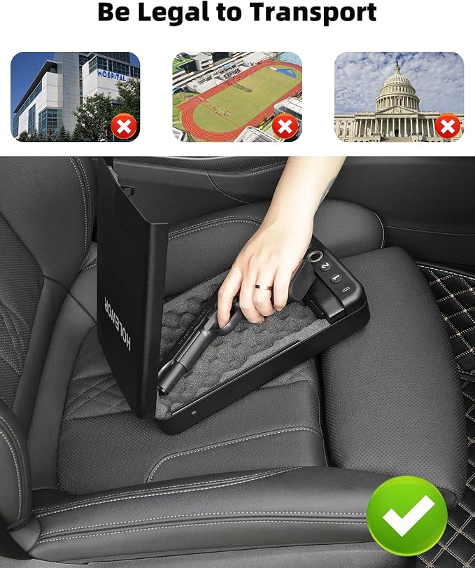 Car Gun Safe Small Portable Biometric Handgun Lock Box for Travel | 3 Ways Quick Access Fingerprint Compact Single Carrying Pistol Case for Vehicles Under Seat with Emergency USB C Power Supply - Image 6