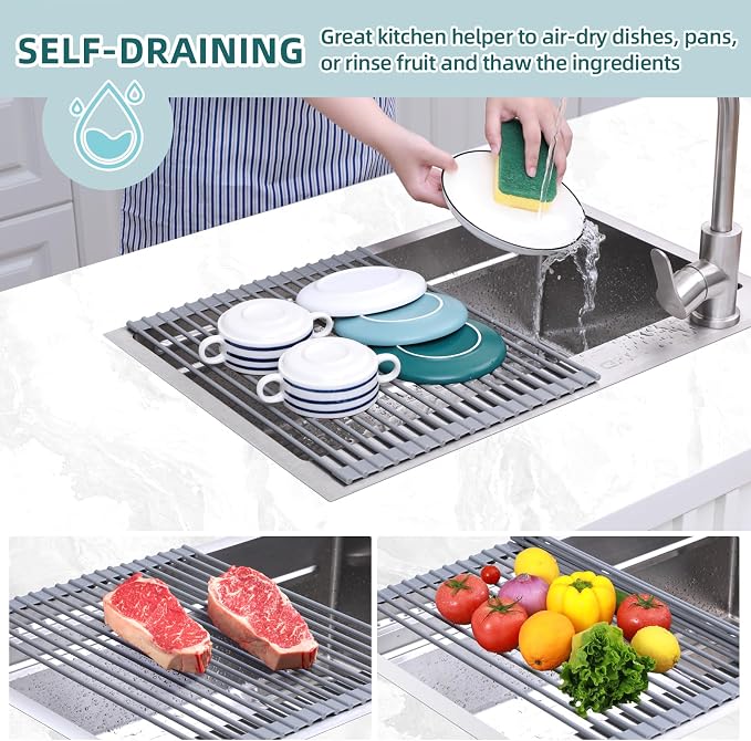 Ohuhu Roll Up Dish Drying Rack, Over The Sink Multipurpose Roll-Up Dish Racks, 16.5" W x 13" L Rolling Heat-Resistant Anti-Slip Silicone Coated Dish Drainer Portable Foldable for Kitchen Counter - Image 3