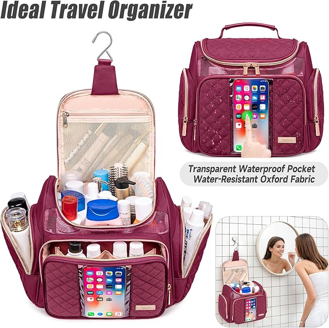 Tealari Large Toiletry Bag for Women Men,Bathroom Bag,Water Resistant Shower Bag,Makeup Bag,Portable Shower Caddy for College Dorm,Hanging Travel Toiletry Bag with Transparent Waterproof Phone Pocket - Image 2