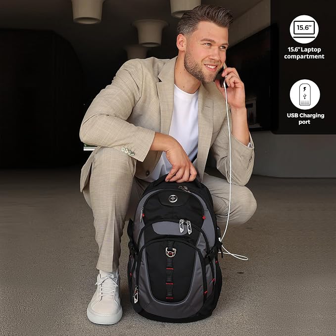Swissdigital Design Laptop Backpack with USB Charging Port, Travel Backpack Fits 15.6 inches Computer, 31l College School Backpack for Men, Black/Grey | SD803-02 - Image 3