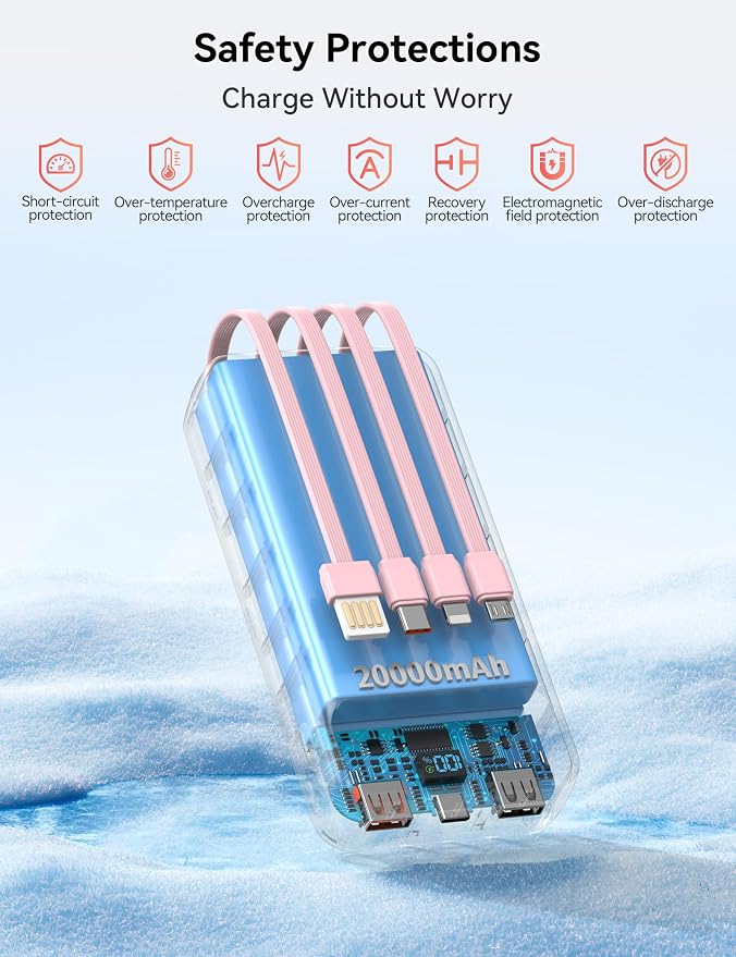 Nusyddy Portable Charger 20000mAh 22.5W w/4 Built-in Cables/6 Outputs Pink | 22.5W Fast Charging, LED Display, Pass Through Charging, Charge 6 Devices at once, TSA Approved, Fits iPhone, iPad, Samsung - Image 8