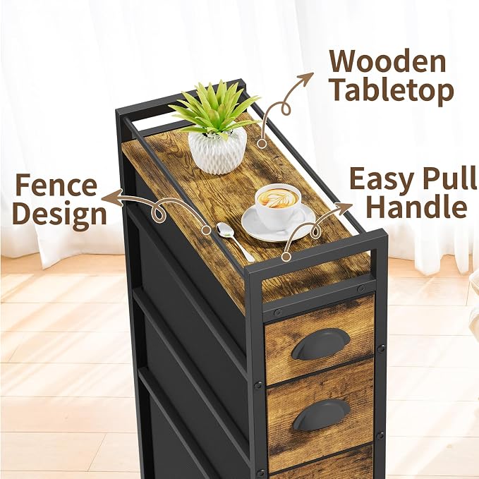 LASZOLA Narrow Cabinet Slim Storage Cart for Bathroom Small Space, Brown | 4 Tiers Skinny Rolling Organizer Shelf with Sturdy Fabric Drawers, Lightweight Mobile on Wheels, Between Washer and Dryer - Image 6