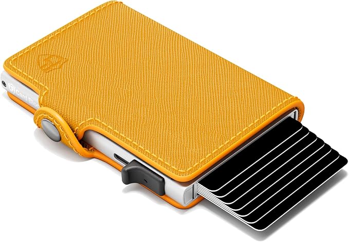 Pop Up Wallet for Women | Slim RFID Blocking Card Holder for Small Purse & Crossbody Bag | Compact Metal Wallet 4-6 Card Capacity | Saffiano Orange by ConcealPlus