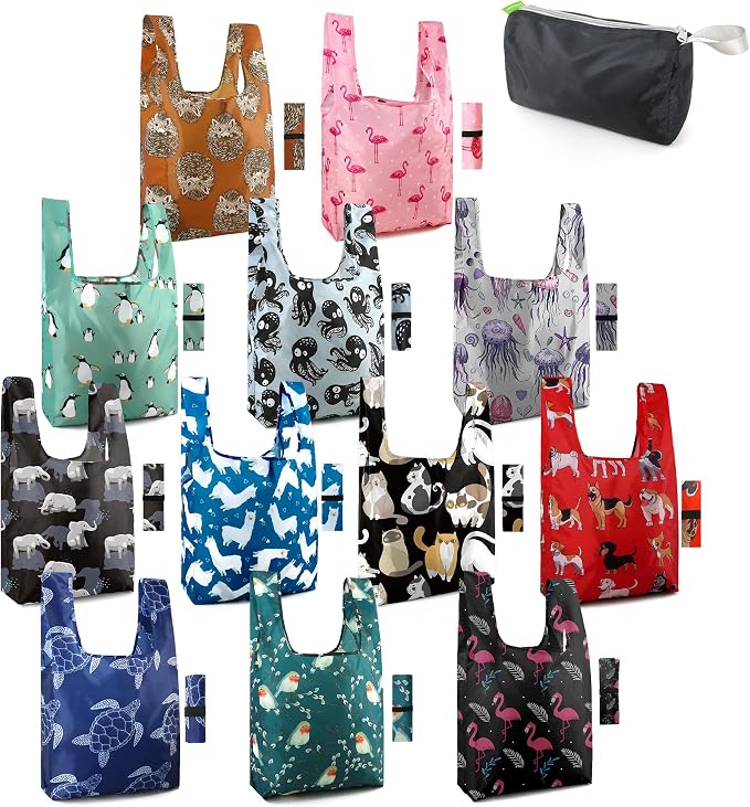 BeeGreen Reusable Grocery Bags Foldable 12 Pack Large Cute Totes - Heavy Duty Washable Holiday Cloth Gifts Bag with Handles, Reusable Gift Bulk Shopping Bags for Groceries for Women Animal Lover​ by BeeGreen
