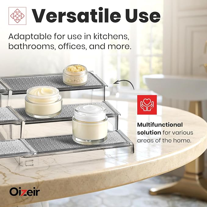 Oizeir Expandable Spice Organizer Rack - 3-Tier - Clear Adjustable Tiered Shelf Spices Organization for Kitchen Cabinet and Pantry Storage - Image 5