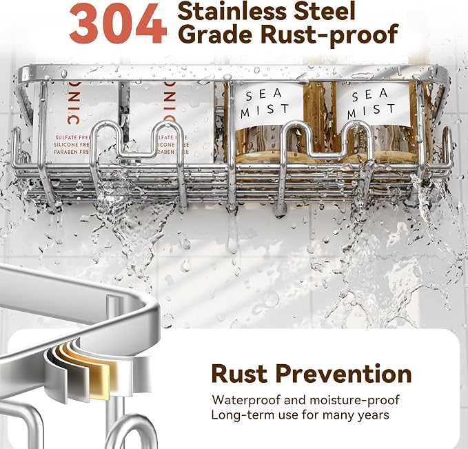 Shower Caddy Adhesive, Rustproof Shower Organizer, Wall Shower Rack | Large Capacity Shower Shelves for Inside Shower, Shampoo Shower Holder, Silver, 2 Caddies, 2 Soap Dishes, 1 Toothbrush Holder - Image 5