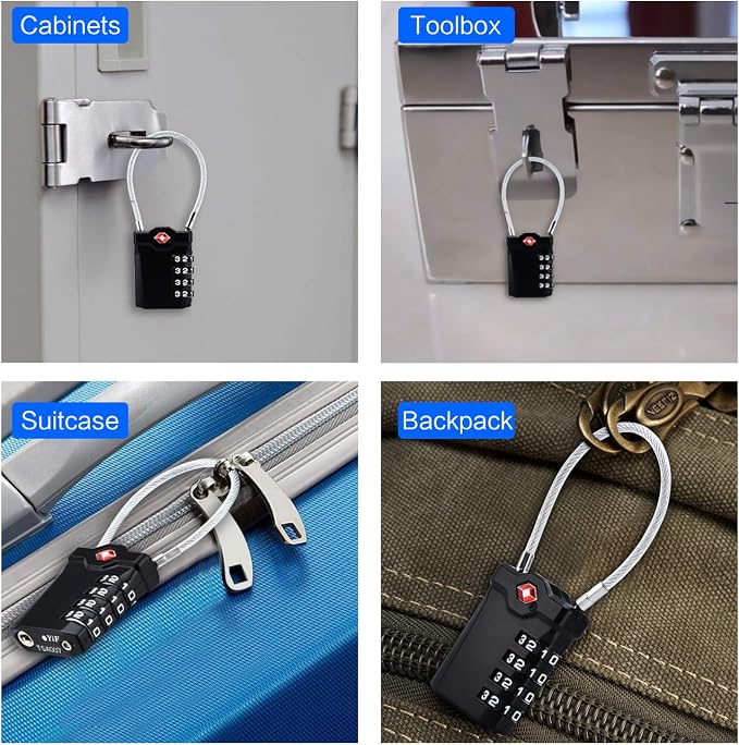 Diyife 2 Pack TSA Luggage Locks, 4 Digit Travel Combination Padlock | with 14cm Flexible Cable for Suitcase Luggage Backpack School or Gym Cabinet (Black) - Image 7