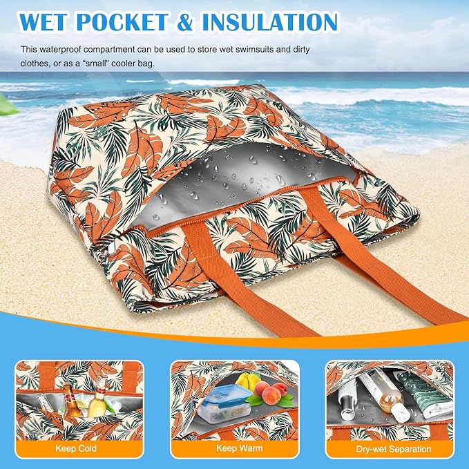 HUANLANG Large Beach Bags for Women Pool Bag with Zipper, Waterproof Sandproof Beach Tote Travel Bag with Wet Pocket - Image 6