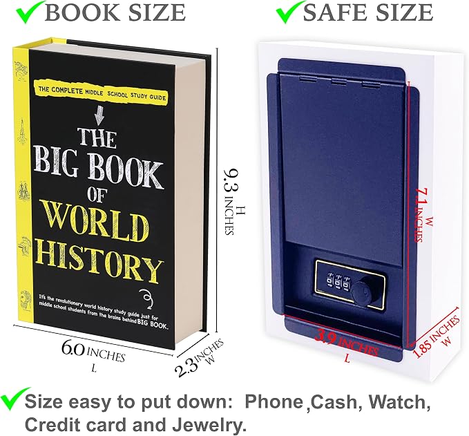 World History Book Safe with Real Pages, Student Secret Compartment Items Storage Box with 3-Digit Combination Lock, Decorative Hidden Stash Box, Desk Allowance Coin Bank, 9.3"x6.0"x2.3" - Image 8