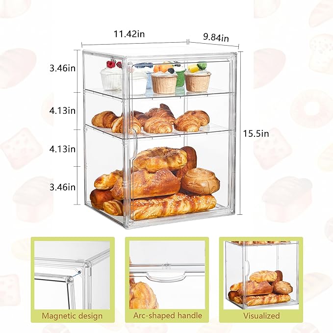 Bread Box for Kitchen Countertop, 4 Layers Pastry Display Case, 2 Pack | Easy Assembly, Adjustable Shelves, Magnetic Door, Clear View, Stable Design, Bakery Display, 15.5 x 11.4 x 9.8 Inch - Image 2