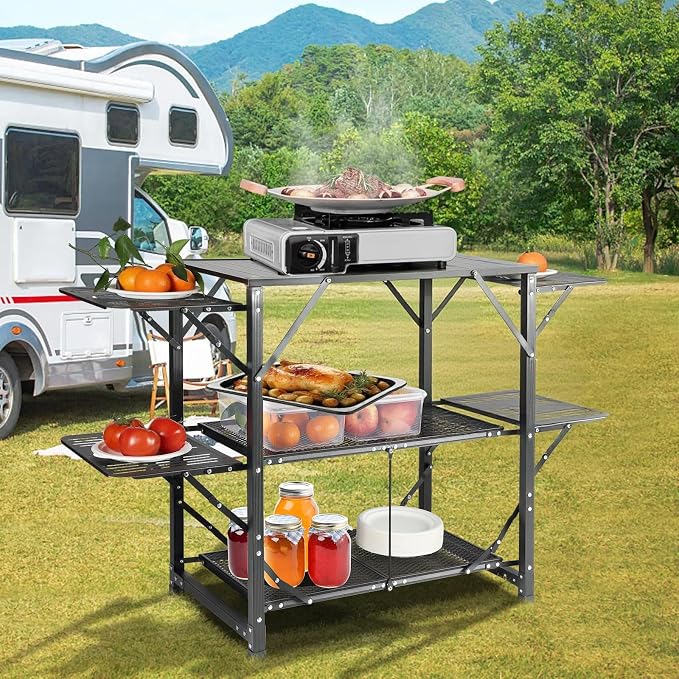 VEVOR Camping Kitchen Table, Aluminum Folding Portable Outdoor Cook Station with 4 Iron Side, 2 Shelves & Carrying Bag, Quick Installation for Picnic BBQ Beach Traveling - Image 2