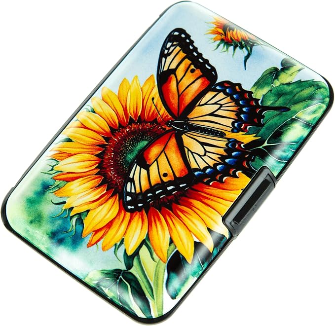 Credit Card Holder for Women Men RFID Blocking Wallet Small Business Metal Slim Mini Aluminum Hard Case (Sunflower Butterfly) by Kaabao