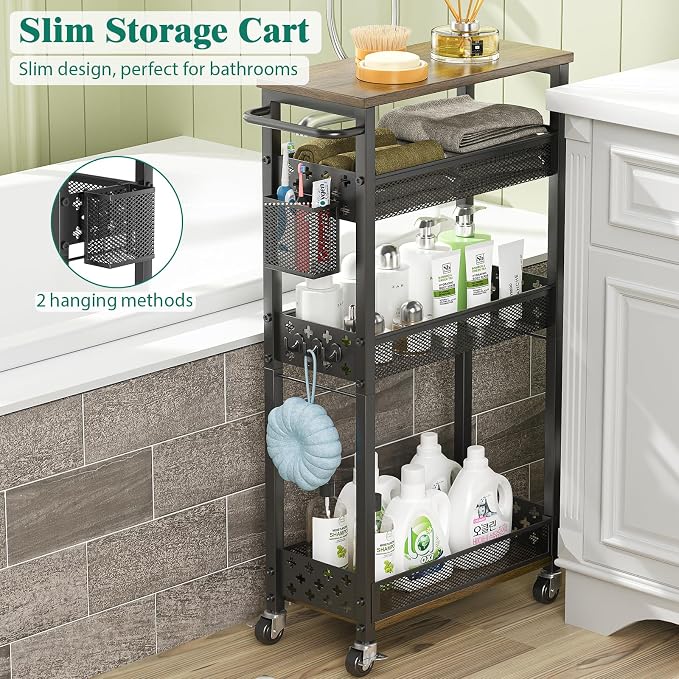 XYZLVSI Slim Storage Cart, 4 Tier Laundry Room Organizer for Small Space | Narrow shelf 14.4" bottom shelf, wire basket, hooks, ideal for kitchen/bathroom/office/dorm, between washer and dryer storage - Image 2