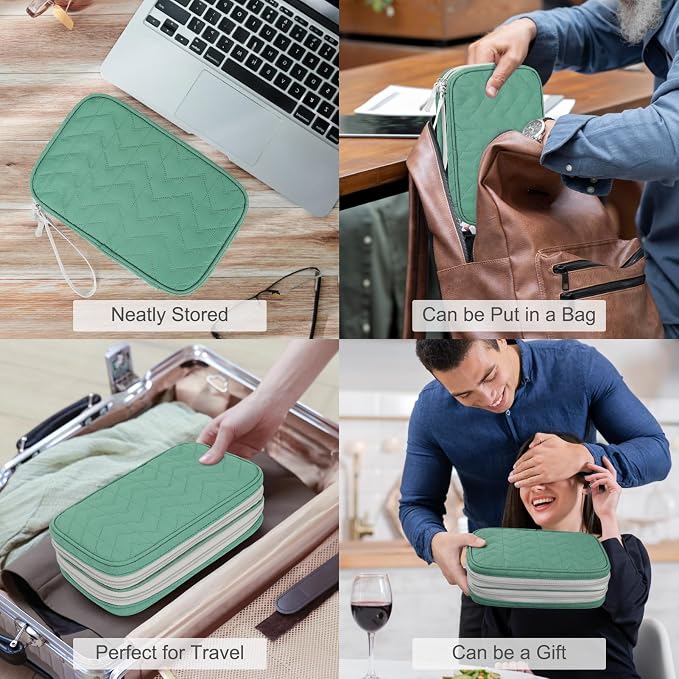 FYY Electronic Organizer, Travel Tech Pouch Bag, Large, Green Quilted | Wrist Strap, Waterproof, Double Layers Portable Electronics Travel Carrying Case for Cord, Charger, Daily Business Trips Use - Image 7