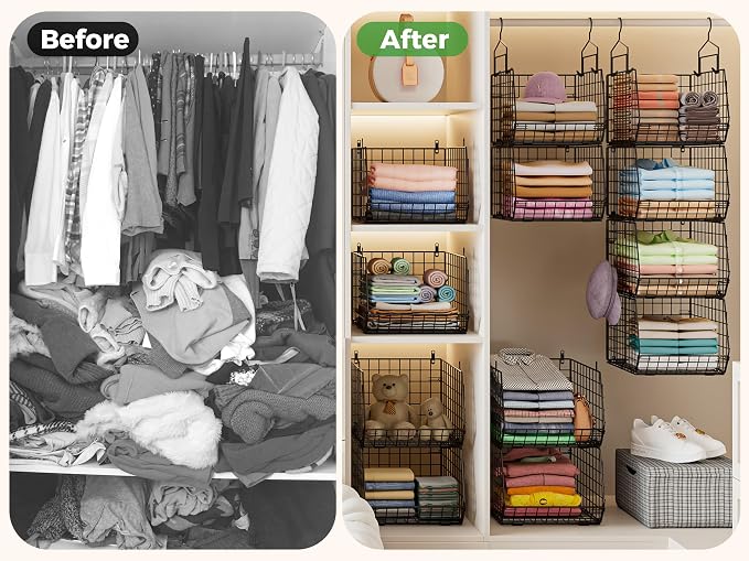 4" Extra Deeper Hanging Closet Organizers and Storage,4 Tier Foldable Wire Cabinet Shelves with 5 S Hooks,Small Metal Basket Bins for Clothes Sweaters Handbags, Wardrobe for Kitchen Laundry Room，Black - Image 9