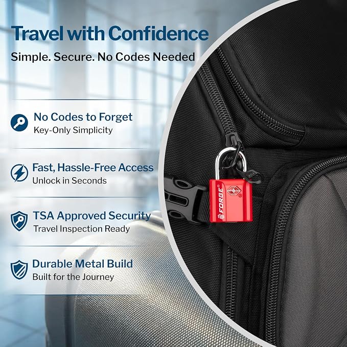 Forge 1''x1'' TSA Approved Luggage Locks: Ultra Secure dimple Key Travel Locks with zinc Alloy Body, for Luggage, Travel Cases, Backpacks, Red 2PK. - Image 6