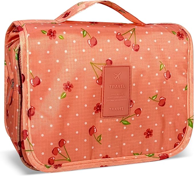 Portable Hanging Toiletry Bag for Travel,Small Multifunctional Makeup Cosmetic Bag for Women,Waterproof Travel Toiletries Organizer,Shower Bathroom Pouch with Hook for Gym,Camping - Pink Cherry by Unknown
