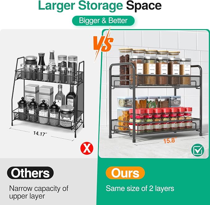 Spice Rack Organizer for Countertop,Xpatee 2-Tier Foldable Metal Rust-Proof Standing Large Seasoning Storage Shelf with Guardrail and Mesh Design for Kitchen Cabinet Bathroom Living Room Pantry, Black - Image 4